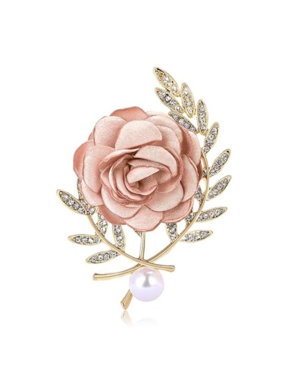Elegant Fabric Rose Brooch with Rhinestone Pearl Leaf Flower Pin for Women,